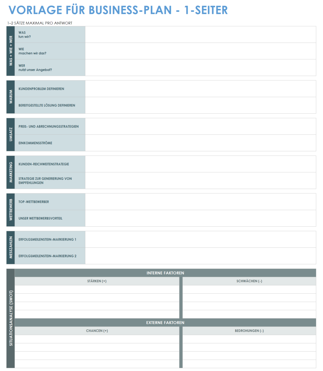  Einseitige Businessplan-Vorlage