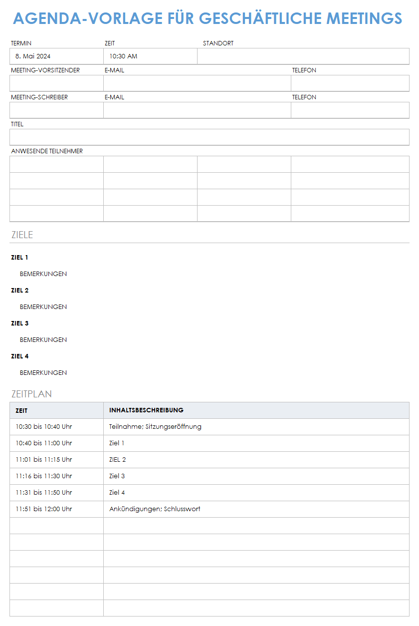 Vorlage für eine Tagesordnung für Geschäftstreffen