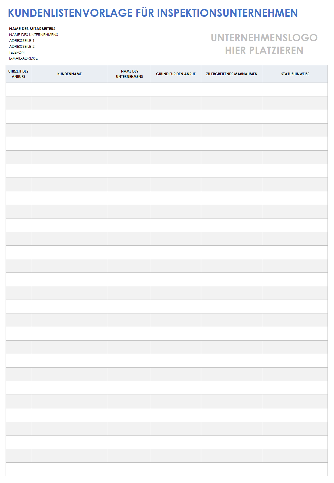  Vorlage für die Inspektionsfirma-Kundenliste