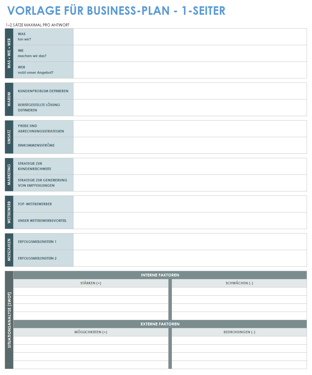  einseitige Businessplan-Vorlage