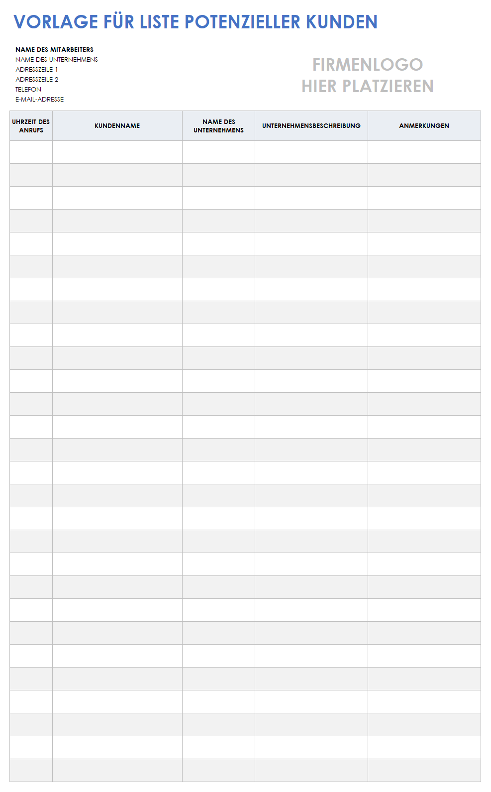  Vorlage für die Liste potenzieller Kunden
