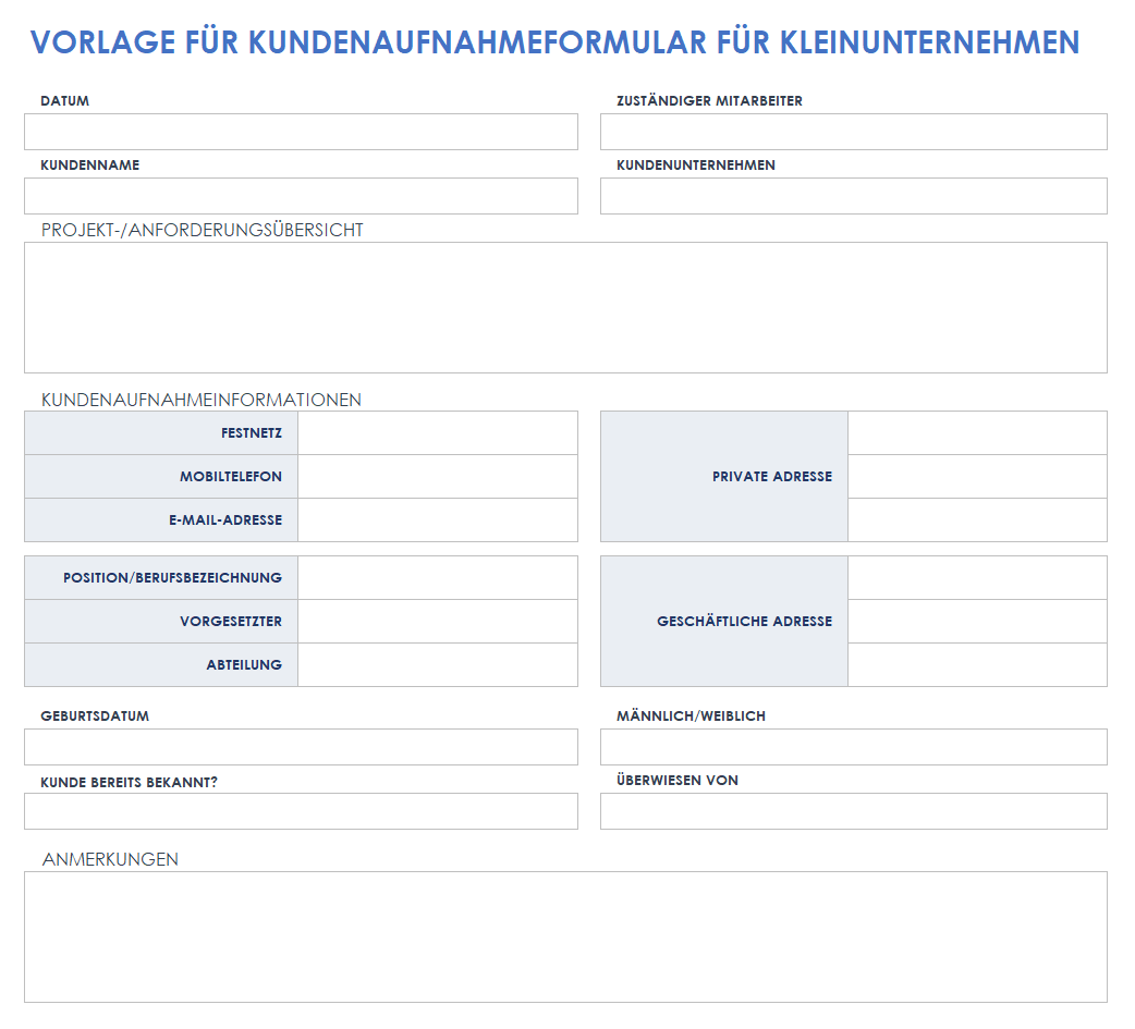 Vorlage für das Aufnahmeformular für Kleinunternehmenskunden