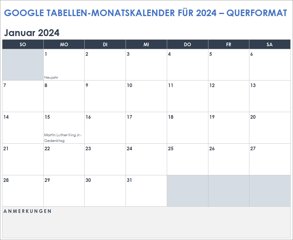  2024 Google Sheets-Monatskalender-Landschaftsvorlage