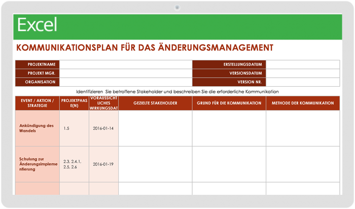 Vorlage für Kommunikationsplan für Änderungsmanagement