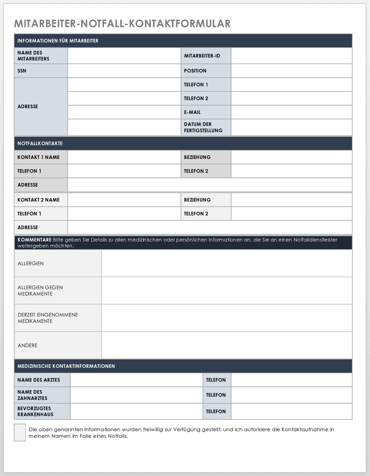 Vorlage für ein Notfall-Kontaktformular für Mitarbeiter