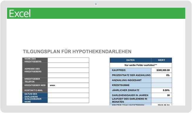 Vorlage für den Amortisationsrechner für Hypothekendarlehen