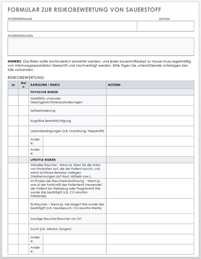 Formularvorlage zur Bewertung des Sauerstoffrisikos