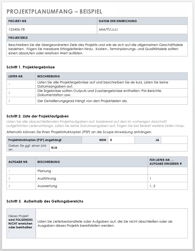 Beispielvorlage für den Umfang des Projektplans