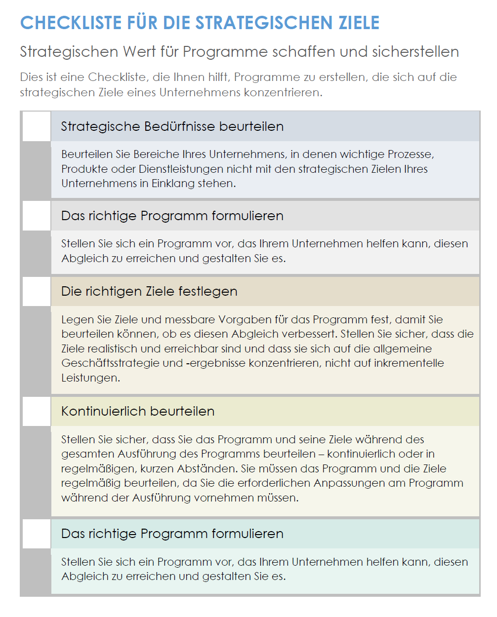 Vorlage für eine Checkliste für strategische Ziele